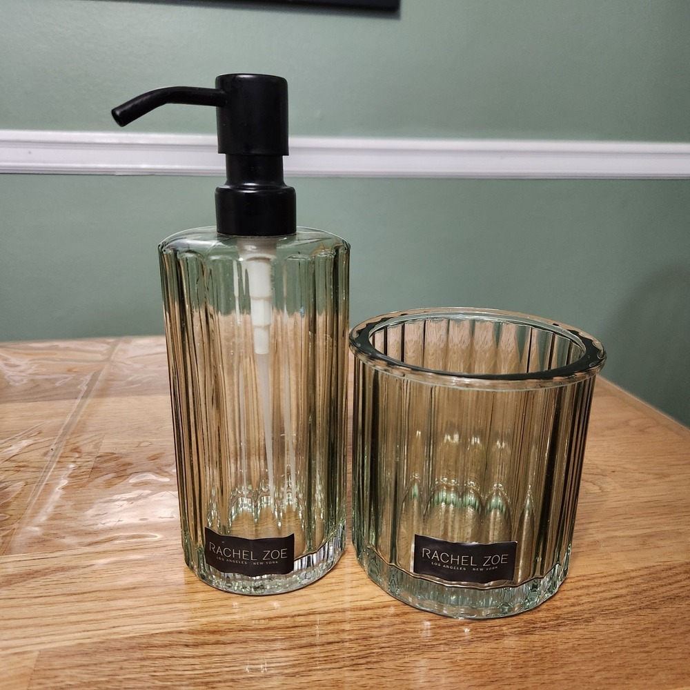 Racel Zoe Ribbed Green Glass Soap Dispenser and Tumbler